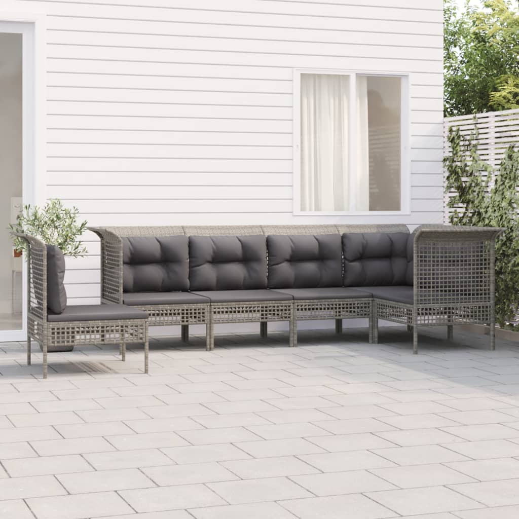 5-tlg. Garten-Lounge-Set mit Kissen Grau Poly Rattan