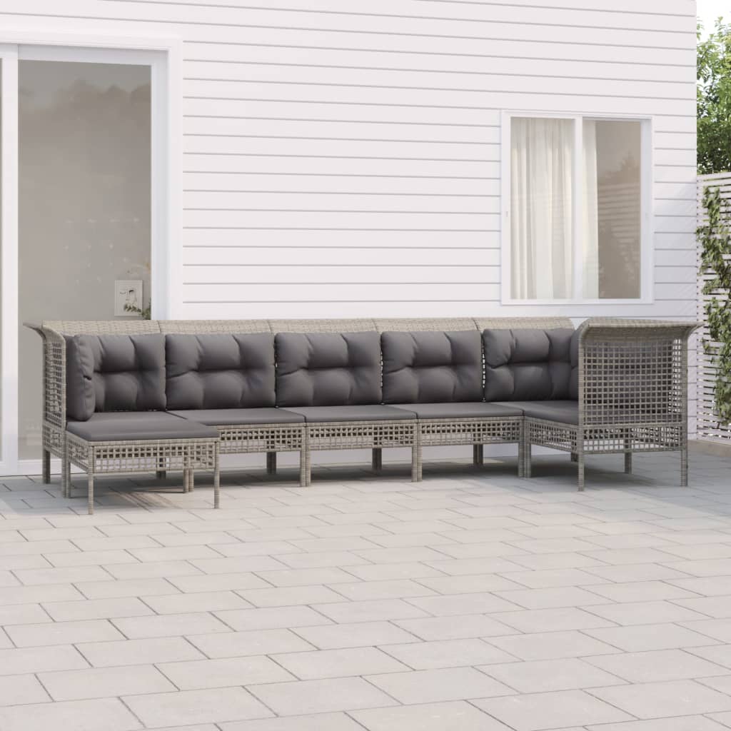 6-tlg. Garten-Lounge-Set mit Kissen Grau Poly Rattan