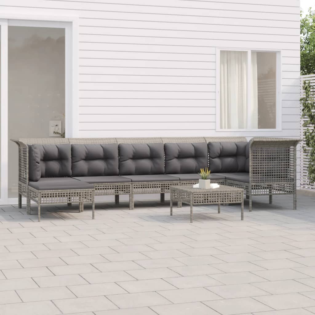 6-tlg. Garten-Lounge-Set mit Kissen Grau Poly Rattan