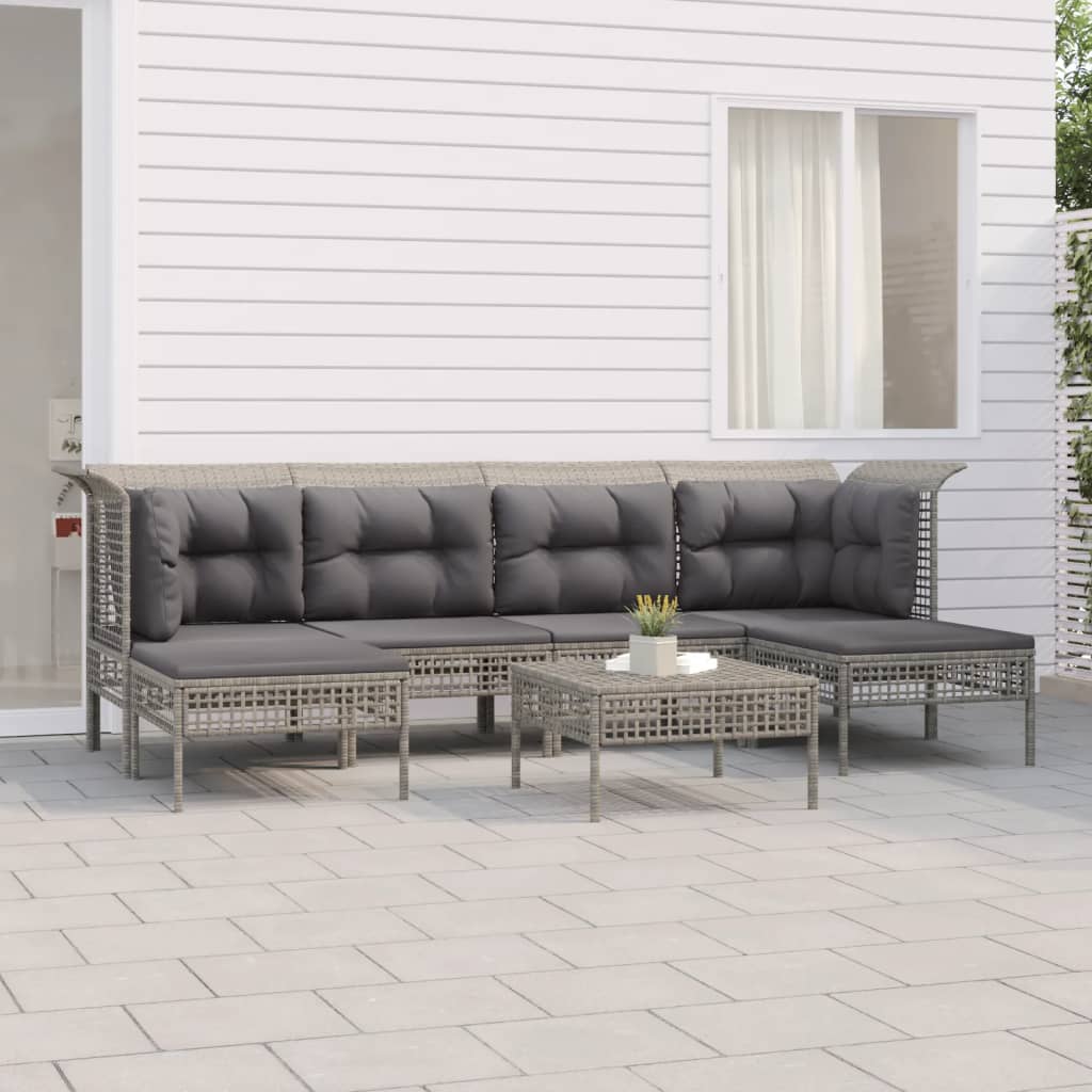 6-tlg. Garten-Lounge-Set mit Kissen Grau Poly Rattan