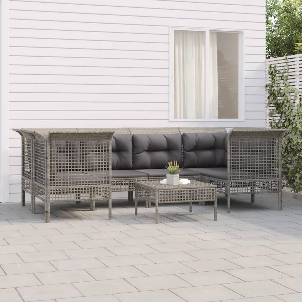 6-tlg. Garten-Lounge-Set mit Kissen Grau Poly Rattan