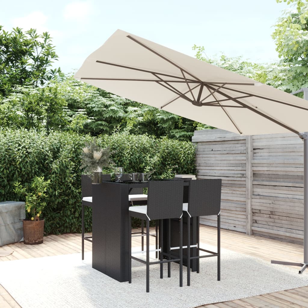 5-tlg. Gartenbar-Set mit Kissen Schwarz Poly Rattan