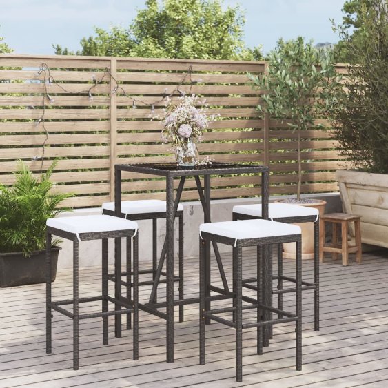 3-tlg. Gartenbar-Set mit Kissen Schwarz Poly Rattan