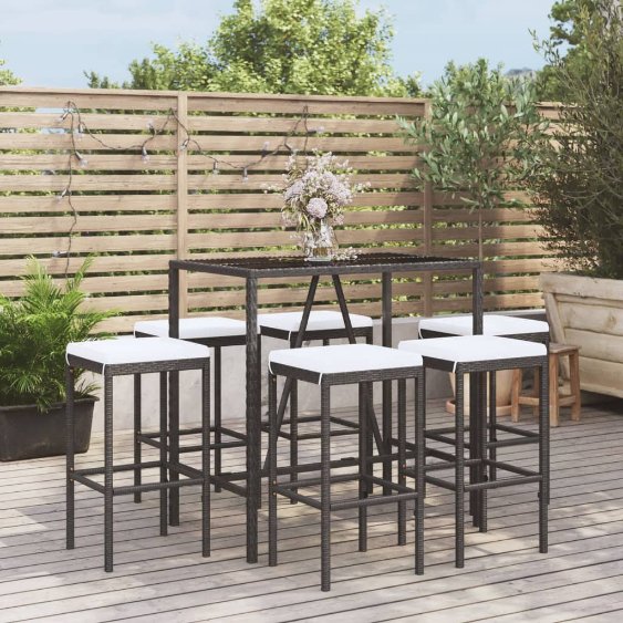 3-tlg. Gartenbar-Set mit Kissen Schwarz Poly Rattan