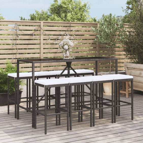 3-tlg. Gartenbar-Set mit Kissen Schwarz Poly Rattan
