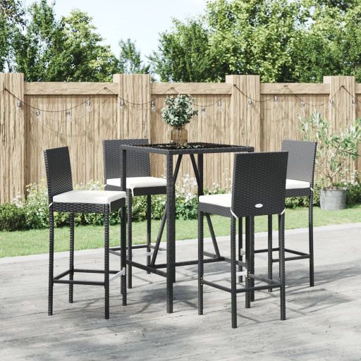 3-tlg. Gartenbar-Set mit Kissen Schwarz Poly Rattan