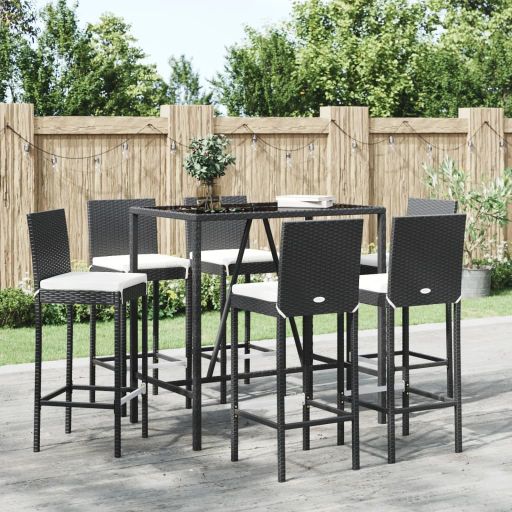 3-tlg. Gartenbar-Set mit Kissen Schwarz Poly Rattan