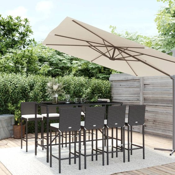 3-tlg. Gartenbar-Set mit Kissen Schwarz Poly Rattan