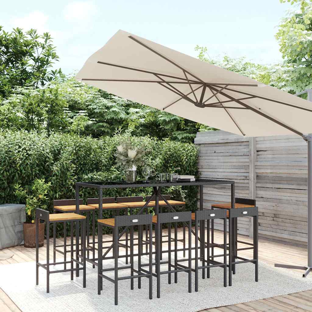 3-tlg. Gartenbar-Set Schwarz Poly Rattan & Massivholz Akazie