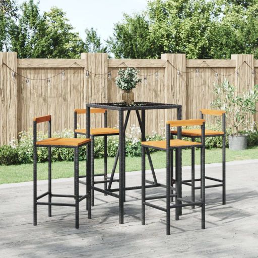 3-tlg. Gartenbar-Set Schwarz Poly Rattan & Massivholz Akazie