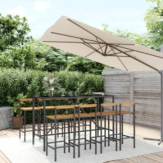 3-tlg. Gartenbar-Set Schwarz Poly Rattan & Massivholz Akazie