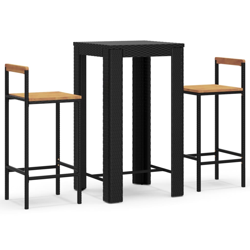 3-tlg. Gartenbar-Set Schwarz Poly Rattan & Massivholz Akazie