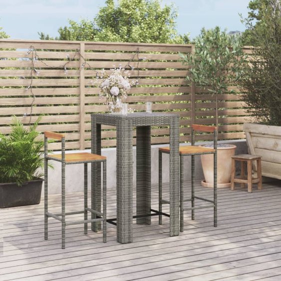 3-tlg. Gartenbar-Set Schwarz Poly Rattan & Massivholz Akazie