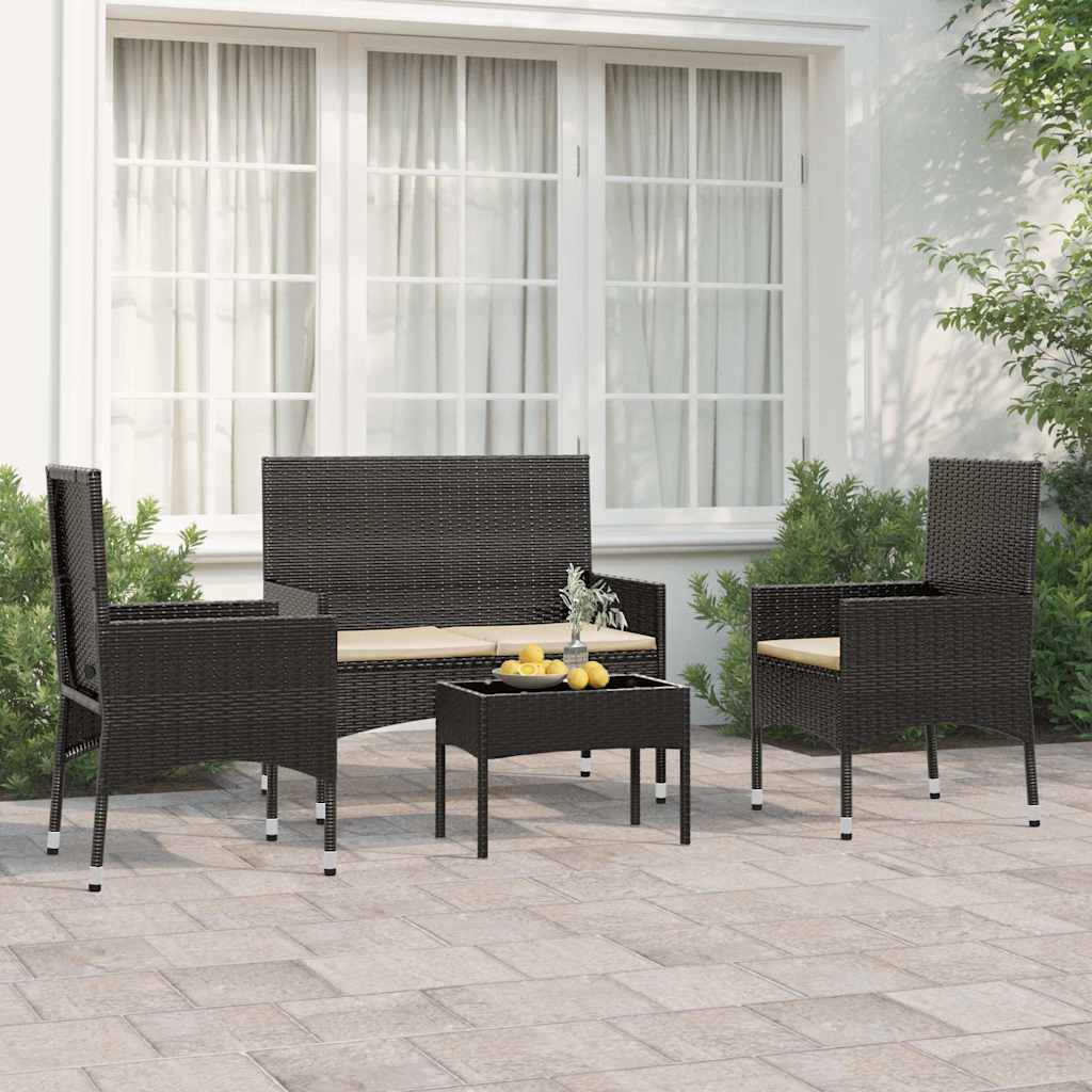 4-tlg. Garten-Lounge-Set mit Kissen Braun Poly Rattan