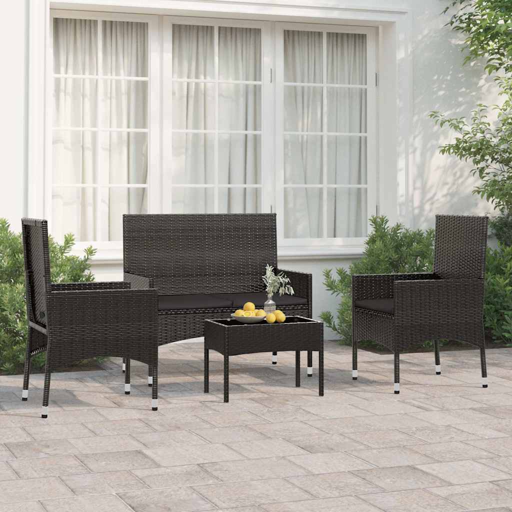 4-tlg. Garten-Lounge-Set mit Kissen Braun Poly Rattan
