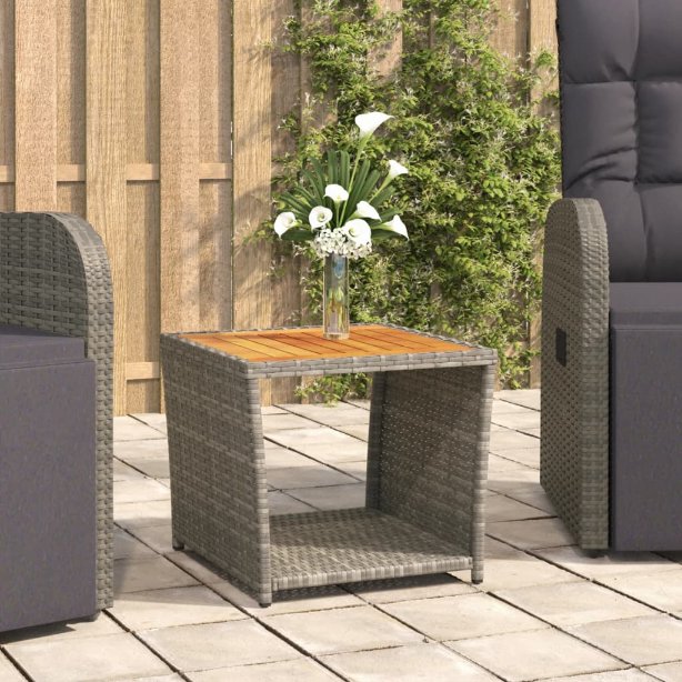 vidaXL Beistelltisch mit Holzplatte Schwarz Poly Rattan & Akazienholz