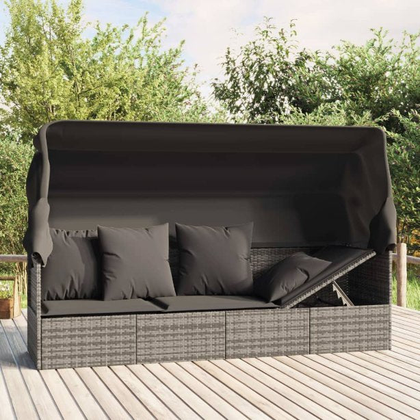 vidaXL Outdoor-Loungebett mit Dach und Kissen Schwarz Poly Rattan