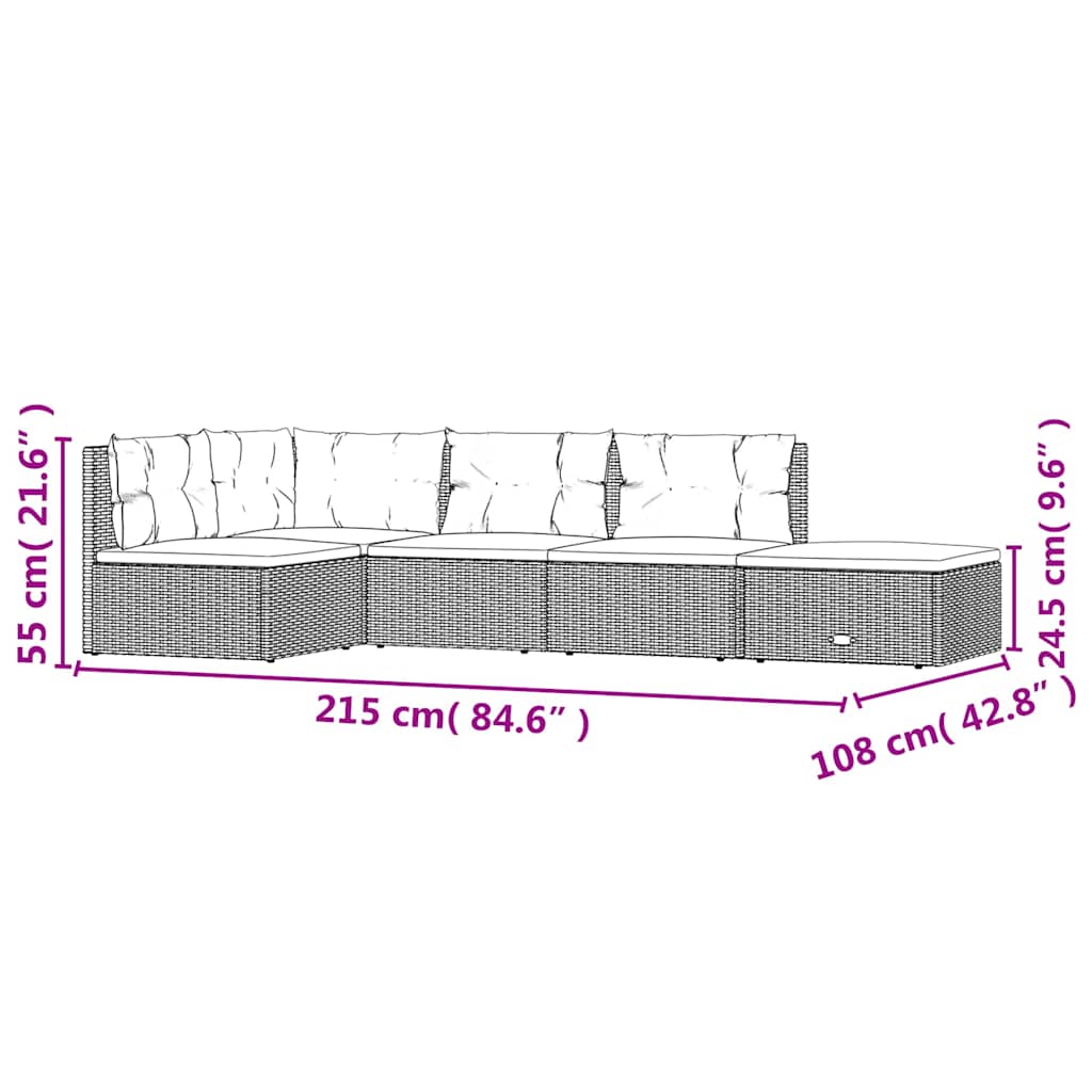 5-tlg. Garten-Lounge-Set mit Kissen Schwarz Poly Rattan