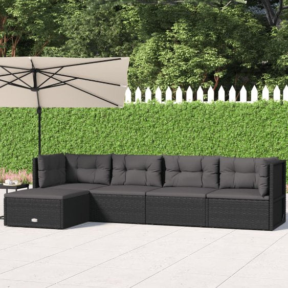 5-tlg. Garten-Lounge-Set mit Kissen Schwarz Poly Rattan