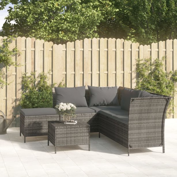 4-tlg. Garten-Lounge-Set mit Kissen Schwarz Poly Rattan