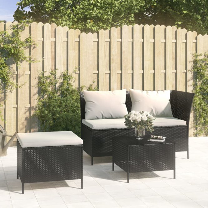 4-tlg. Garten-Lounge-Set mit Kissen Schwarz Poly Rattan