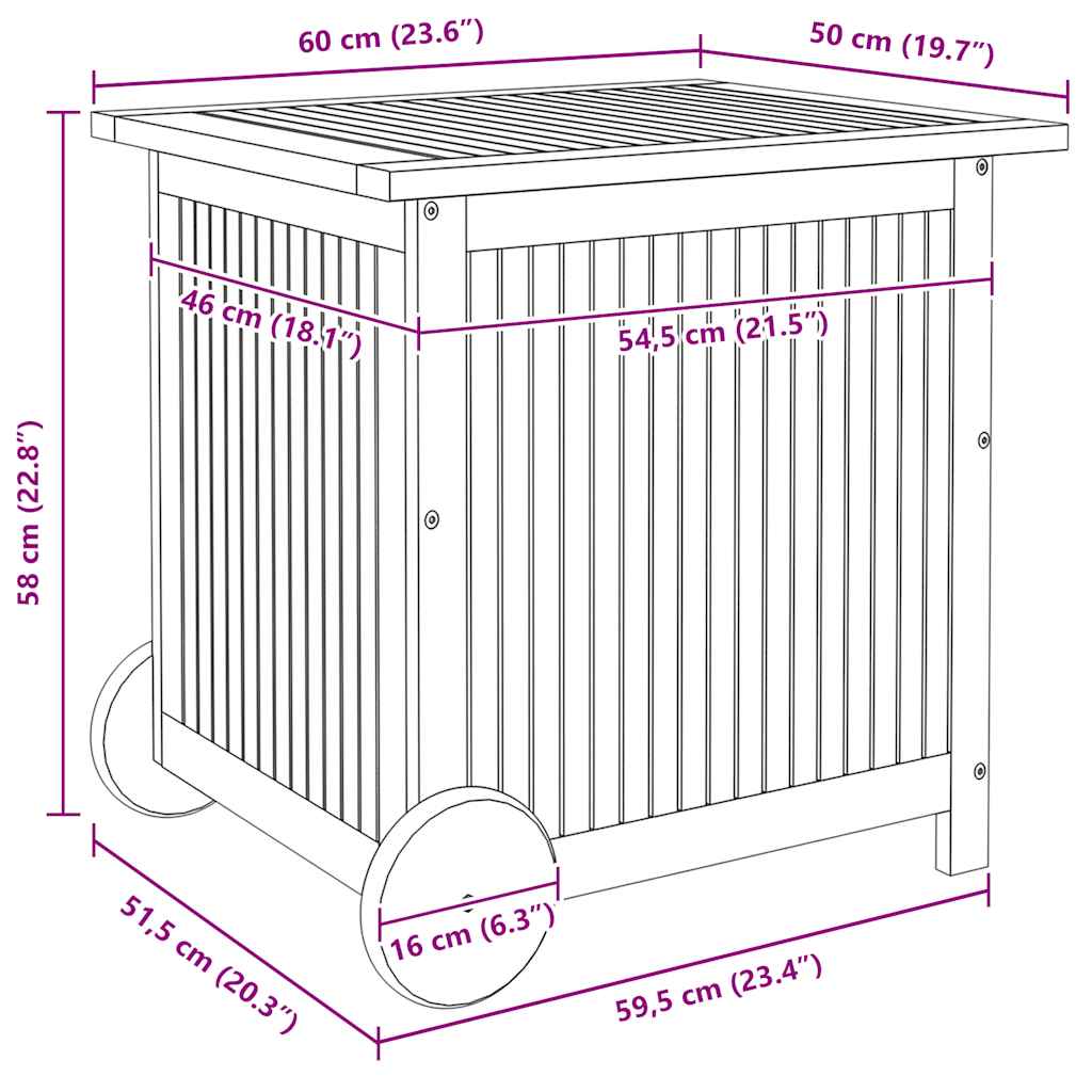 vidaXL Gartentruhe mit Rollen 60x50x58 cm Massivholz Akazie