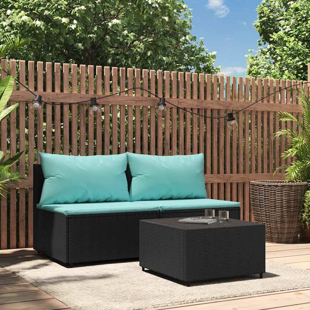 Garten-Mittelsofa mit Kissen Schwarz Poly Rattan