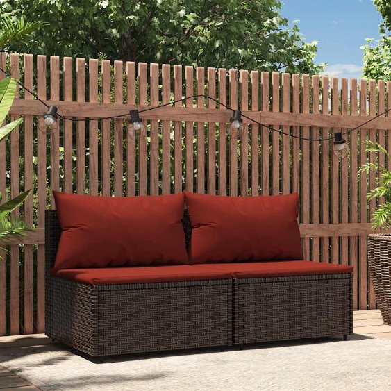 vidaXL Garten-Mittelsofa mit Kissen Schwarz Poly Rattan
