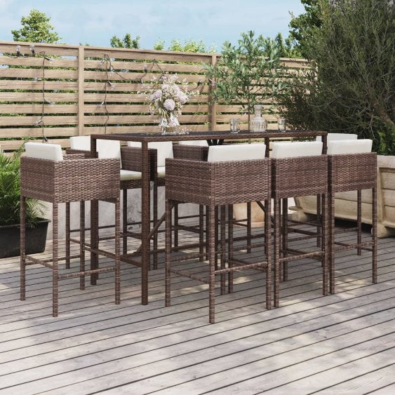 7-tlg. Gartenbar-Set mit Kissen Braun Poly Rattan