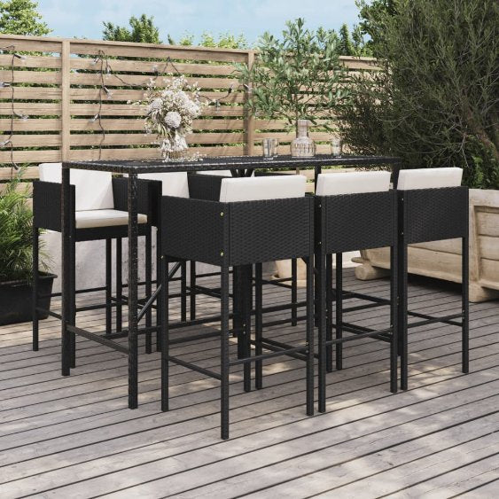 7-tlg. Gartenbar-Set mit Kissen Braun Poly Rattan