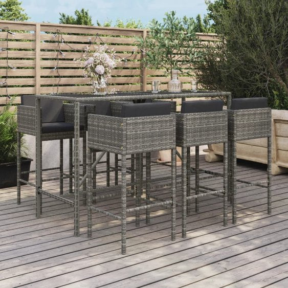 7-tlg. Gartenbar-Set mit Kissen Braun Poly Rattan