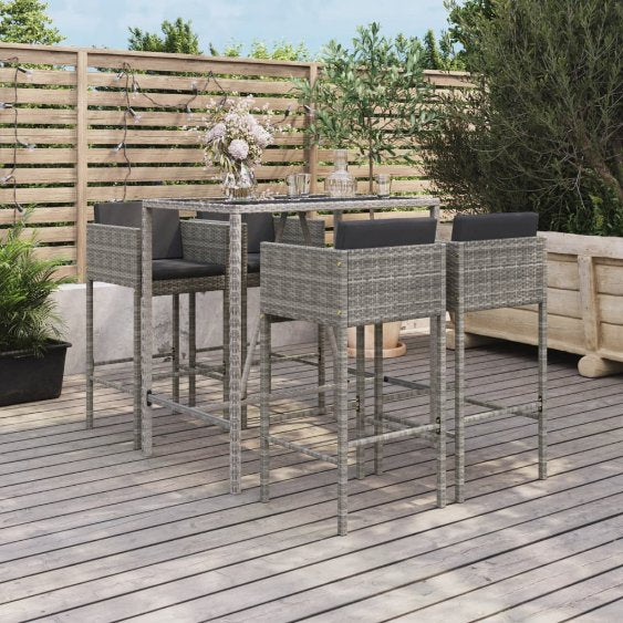 5-tlg. Gartenbar-Set mit Kissen Braun Poly Rattan