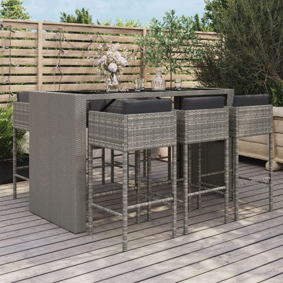 7-tlg. Gartenbar-Set mit Kissen Braun Poly Rattan