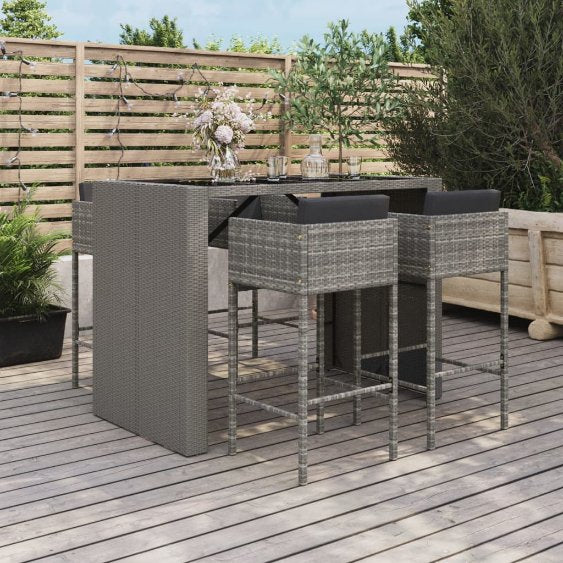 5-tlg. Gartenbar-Set mit Kissen Braun Poly Rattan