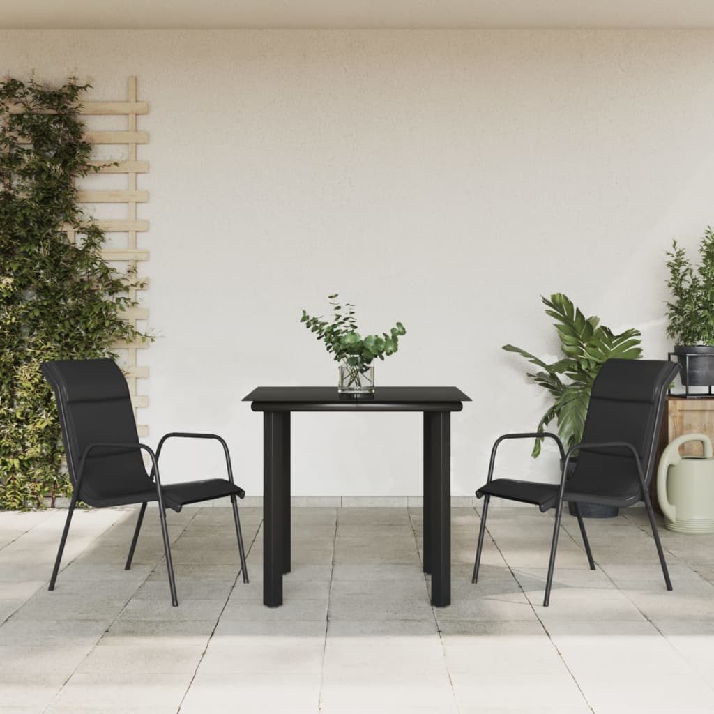 3-tlg. Garten-Essgruppe Schwarz Stahl und Textilene