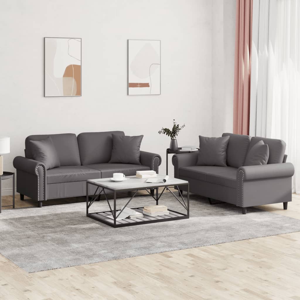 2-tlg. Sofagarnitur mit Kissen Schwarz Kunstleder