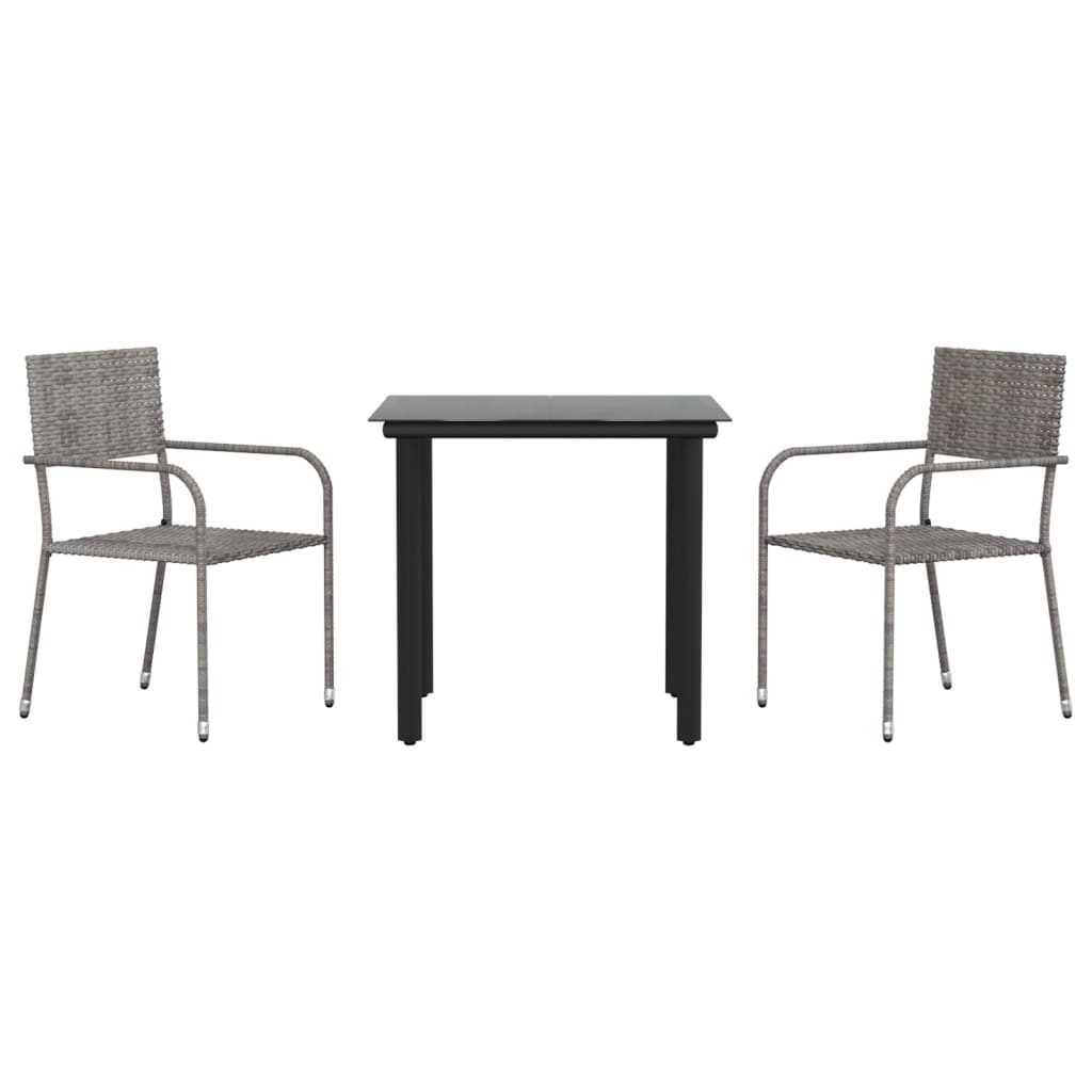 3-tlg. Garten-Essgruppe Grau und Schwarz Poly Rattan und Stahl