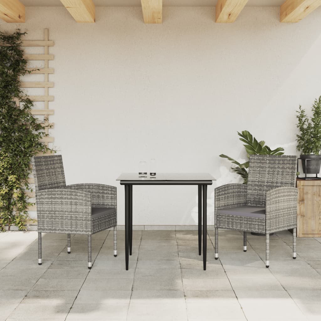 3-tlg. Garten-Essgruppe Grau und Schwarz Poly Rattan und Stahl