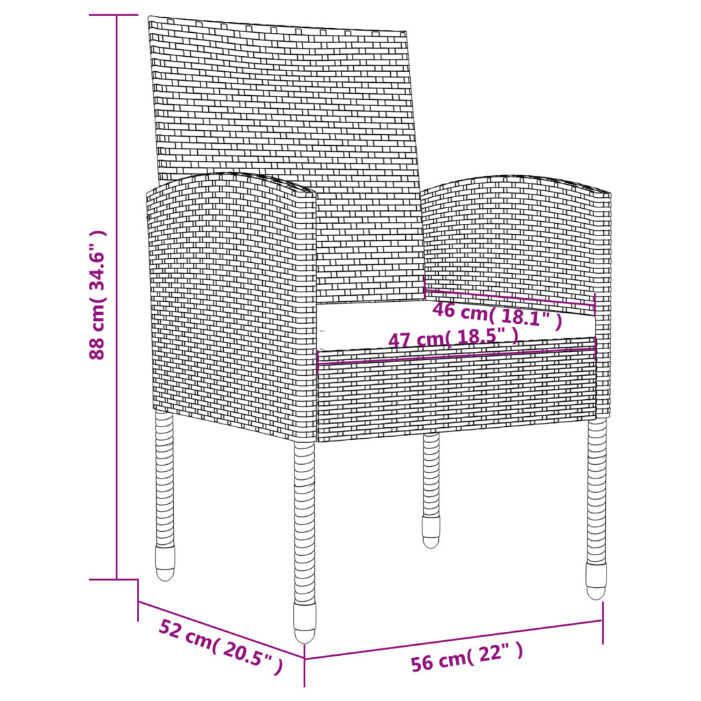 3-tlg. Garten-Essgruppe Grau und Schwarz Poly Rattan und Stahl