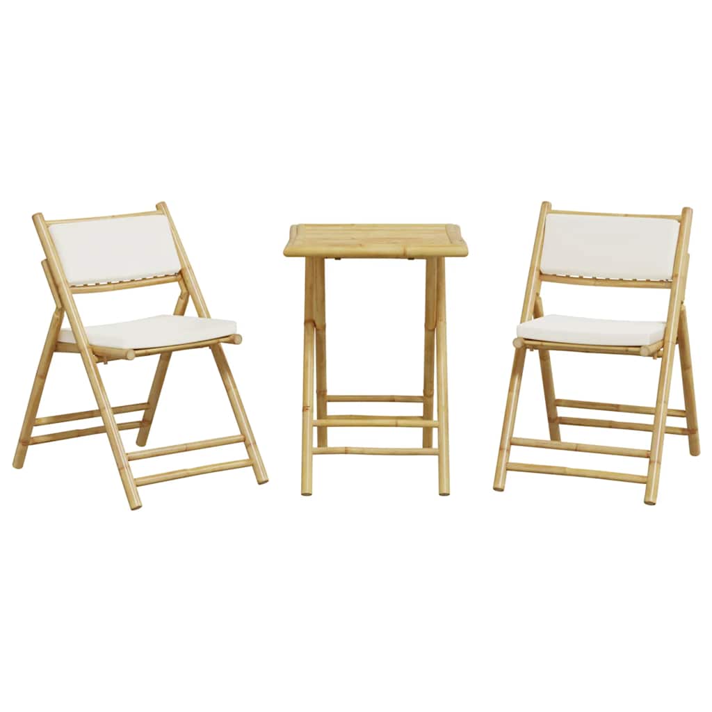 3-tlg. Bistro-Set Klappbar mit Cremeweißen Kissen Bambus