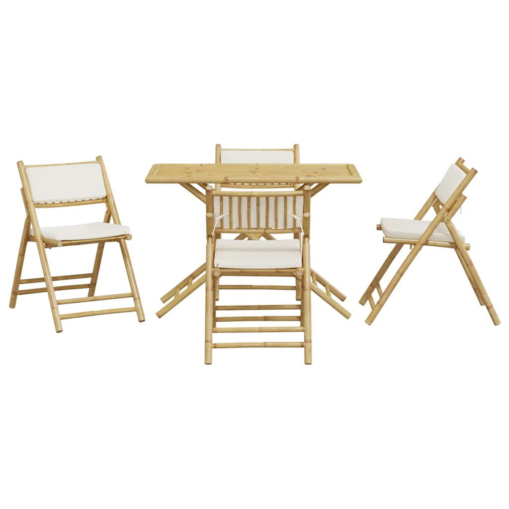 5-tlg. Bistro-Set Klappbar mit Cremeweißen Kissen Bambus