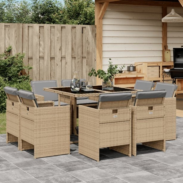 9-tlg. Garten-Essgruppe mit Kissen Schwarz Poly Rattan