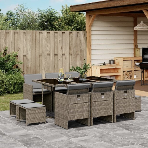 9-tlg. Garten-Essgruppe mit Kissen Schwarz Poly Rattan