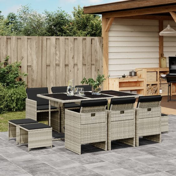 9-tlg. Garten-Essgruppe mit Kissen Schwarz Poly Rattan