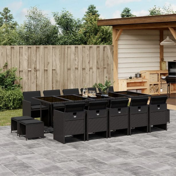 9-tlg. Garten-Essgruppe mit Kissen Schwarz Poly Rattan