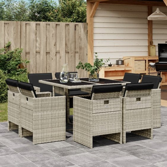 9-tlg. Garten-Essgruppe mit Kissen Schwarz Poly Rattan