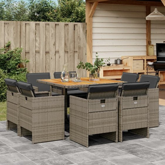 9-tlg. Garten-Essgruppe mit Kissen Schwarz Poly Rattan