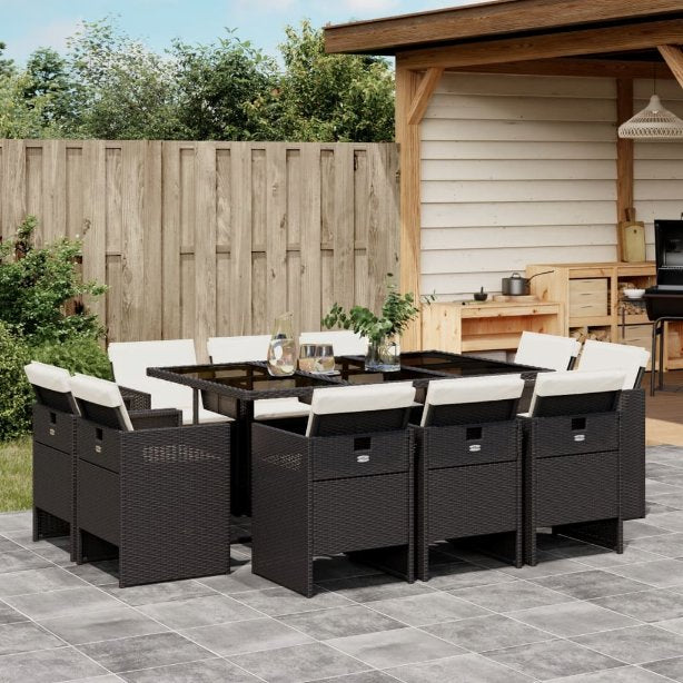 9-tlg. Garten-Essgruppe mit Kissen Schwarz Poly Rattan