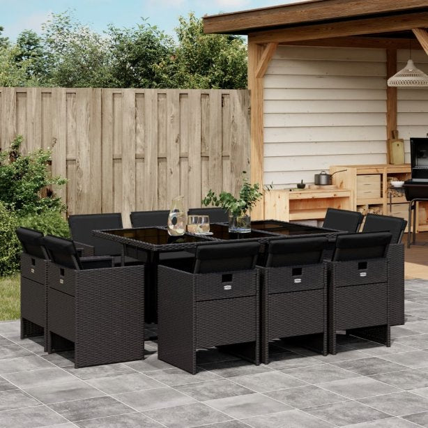 9-tlg. Garten-Essgruppe mit Kissen Schwarz Poly Rattan