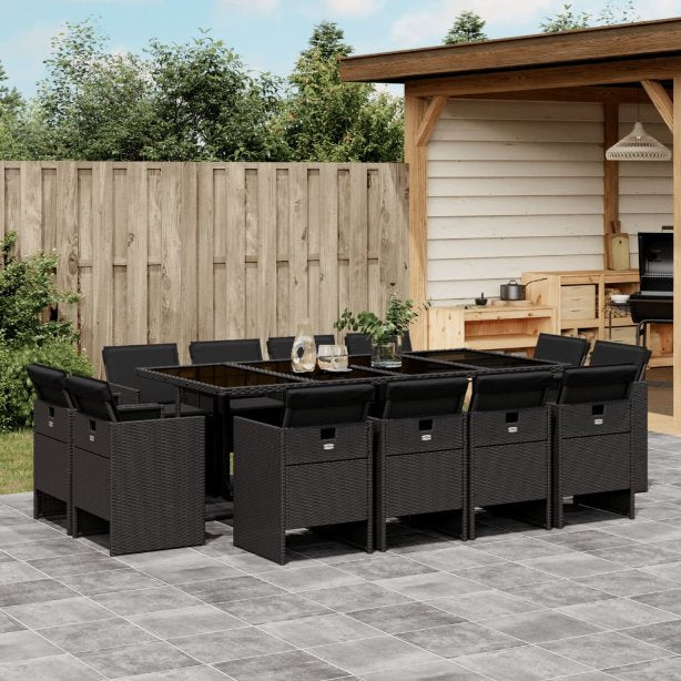 9-tlg. Garten-Essgruppe mit Kissen Schwarz Poly Rattan